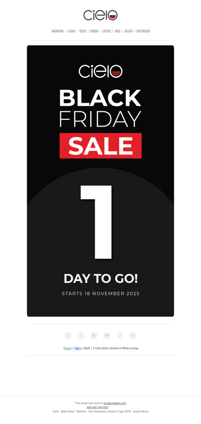 1 day to go - up to 70% off | Cielo Black Friday Sale
