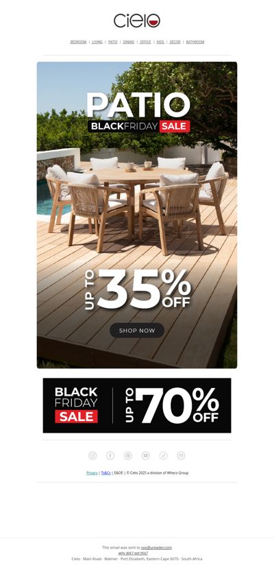 Up to 35% off patio furniture | Cielo Black Friday Sale