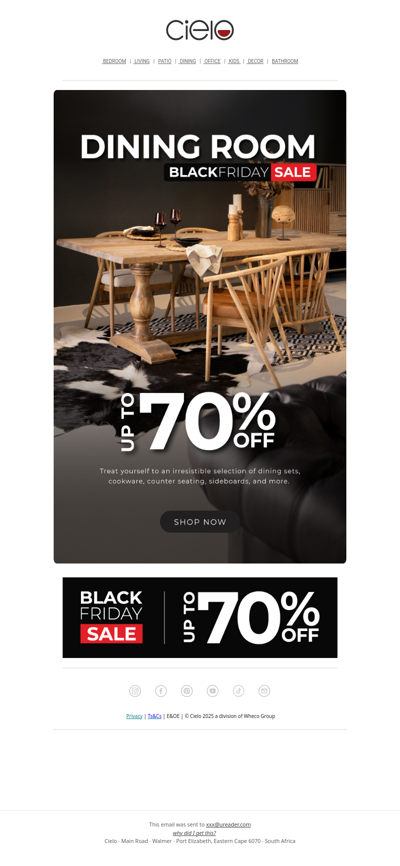 Up to 70% off dining room furniture | Cielo Black Friday Sale