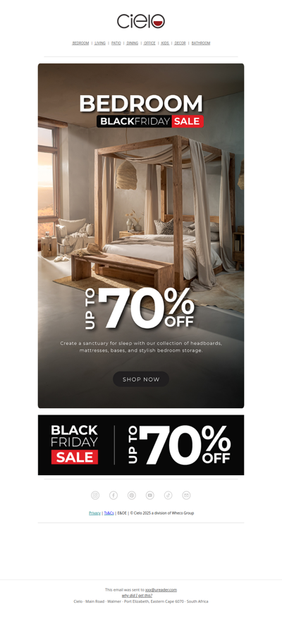 Up to 70% off bedroom furniture | Cielo Black Friday Sale