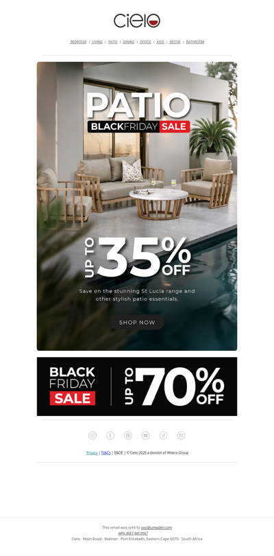 Up to 35% off outdoor furniture | Cielo Black Friday Sale
