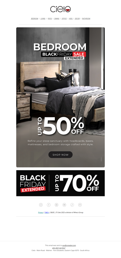 Up to 50% off bedroom bliss | Cielo Black Friday Extended