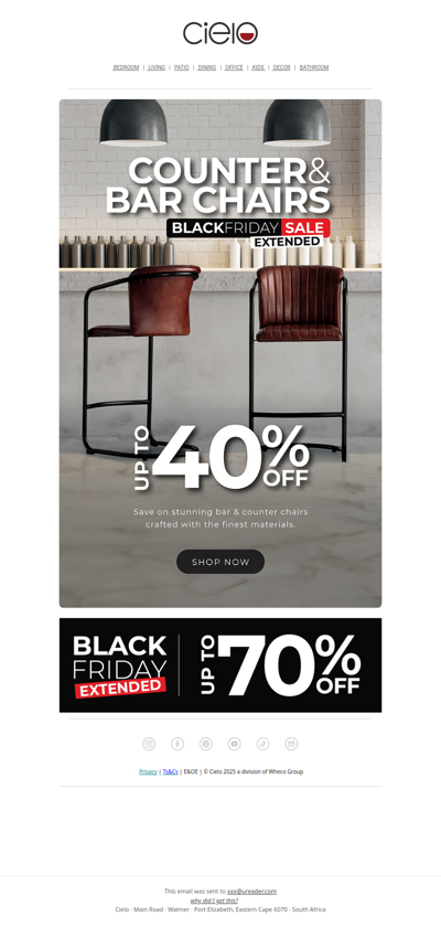 Up to 40% off bar chairs | Cielo Black Friday Extended