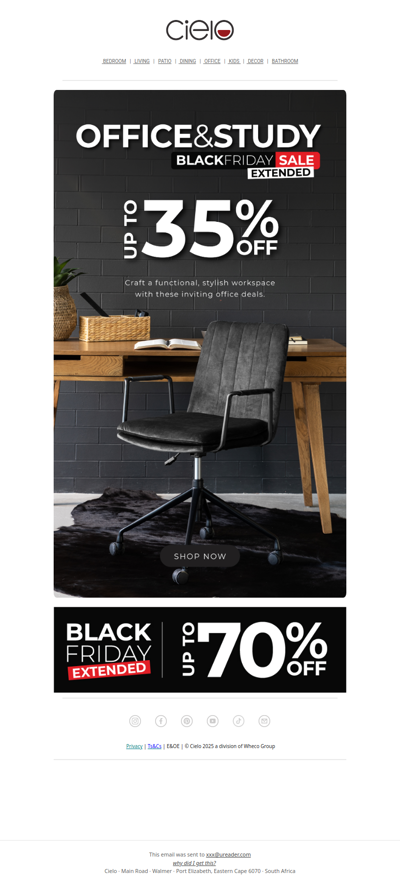 Up to 35% off office furniture | Cielo Black Friday Extended