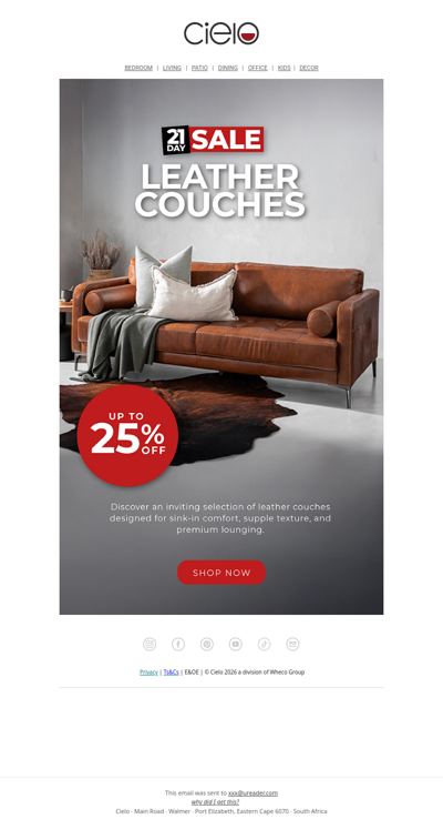 Up to 25% Off Leather Couches | 21 Day Sale