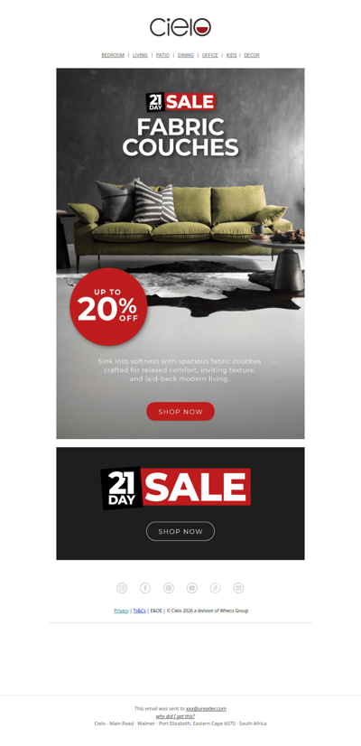 Up to 20% Off Fabric Couches | 21 Day Sale