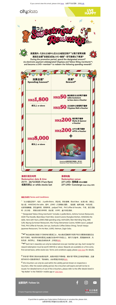 太古城中心 Cityplaza | Sweetmas Rewards 消費換領高達HK$400電子禮券及節日禮品 ！Redeem e-Vouchers worth up to HK$400 and festive gift with your spending!