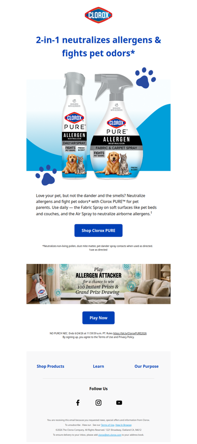 NEW Clorox PURE Allergen Neutralizer for pet parents.