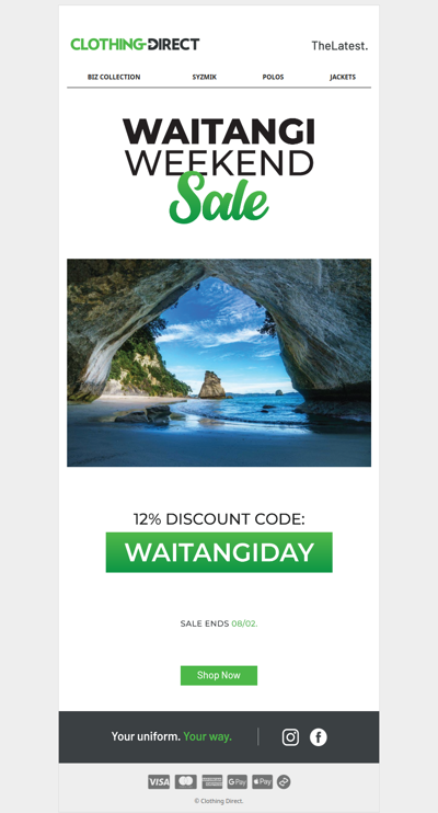WAITANGI WEEKEND SALE - 12% OFF APPAREL.
