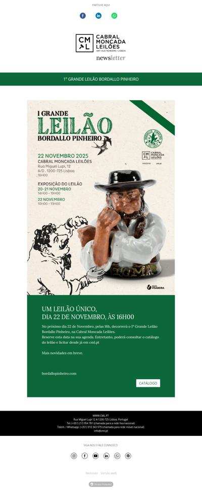 SAVE THE DATE - Leilão Especial - 1º Grande Leilão Bordallo Pinheiro