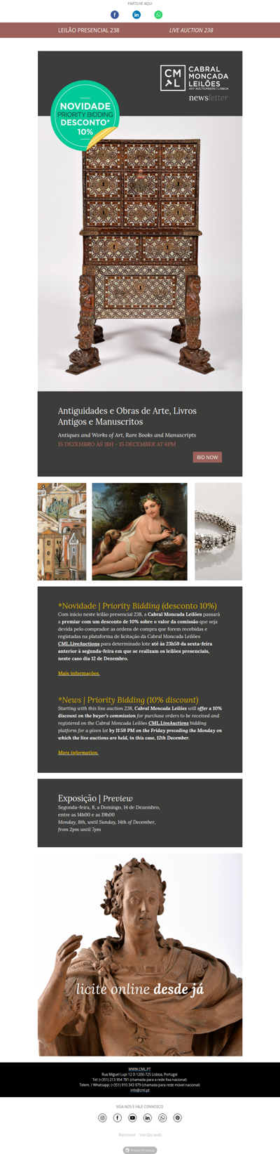 Leilão Presencial 238 - 15 de Dezembro - Antiguidades e Obras de Arte, Livros Antigos e Manuscritos