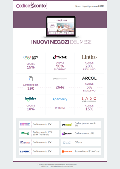 I nuovi negozi su CodiceSconto 📅 di gennaio
