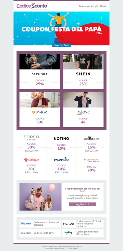 Dagli ultimi saldi alla Festa del papà 💰 il risparmio continua su CodiceSconto