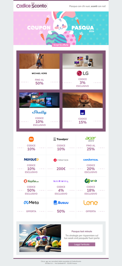 Il Coniglio Pasquale ha nascosto offerte in tutto il sito 🐰 di CodiceSconto