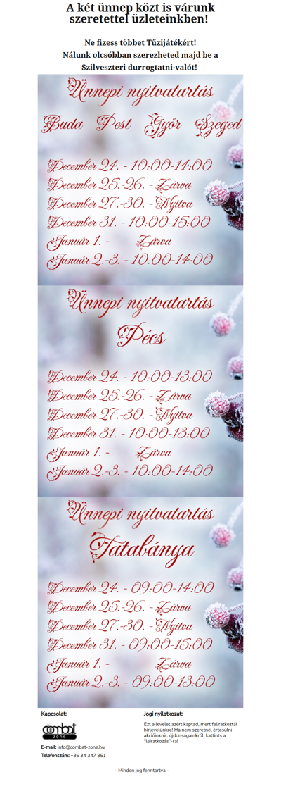 Ünnepi nyitvatartásunk: