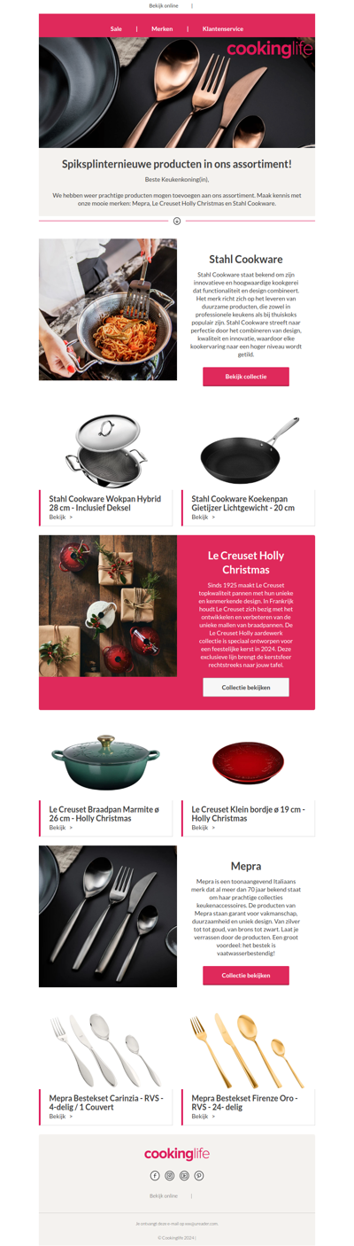 Stahl Cookware, Le Creuset Holly Christmas & Mepra nieuw bij Cookinglife