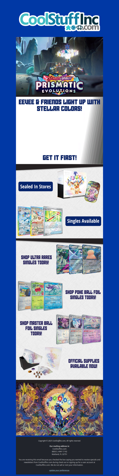 Shine On with Pokemon Scarlet & Violet Prismatic Evolutions! Sealed, Singles, and Supplies are Now Available!