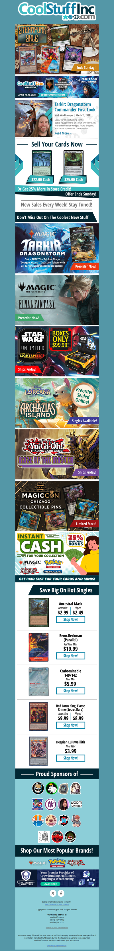 Steampunk Sale Ends Sunday! CoolStuffCon Orlando, Preorder Tarkir: Dragonstorm, Archazia's Island, and More!