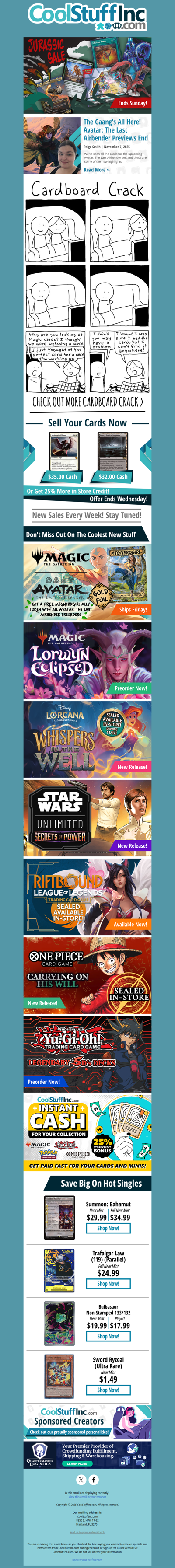 Jurassic Sale Kicks Off! Avatar Ships Friday, New Lorcana, Star Wars Unlimited, and More!