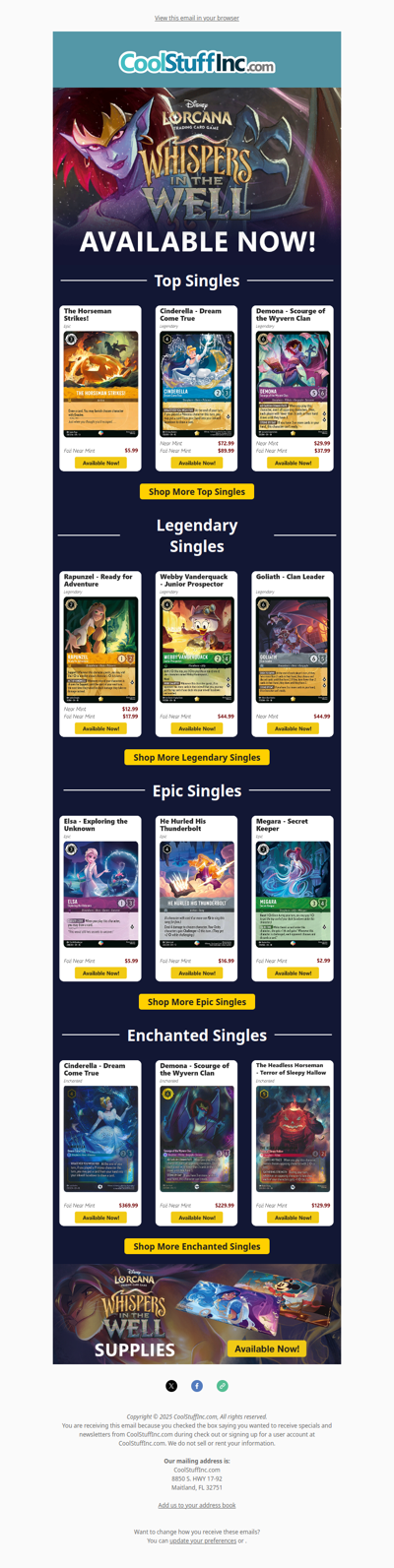 Sealed, Singles, and Supplies for Lorcana Whispers in the Well are Now Available!