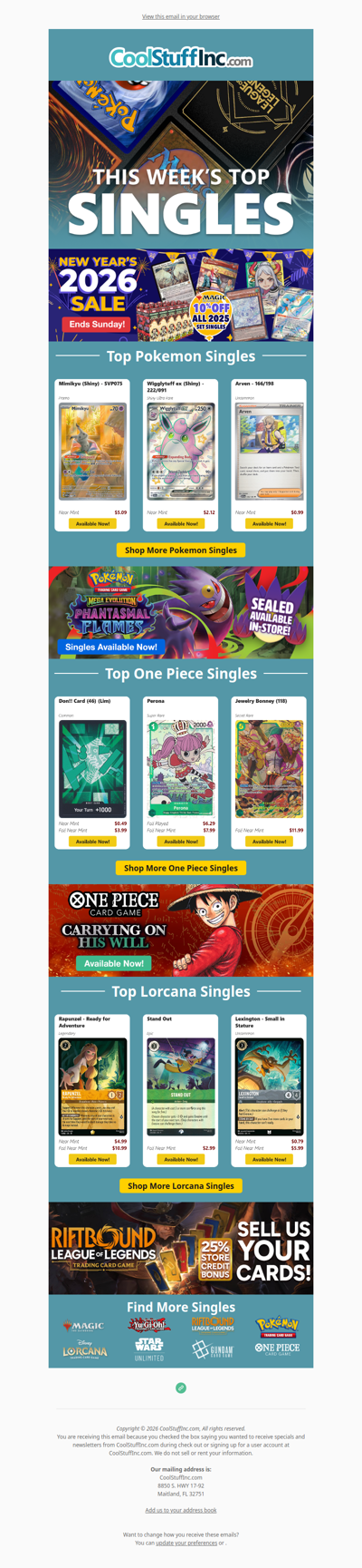 New Years 2026 Sale Ends Sunday! Save on Singles for Pokemon, One Piece, and More!