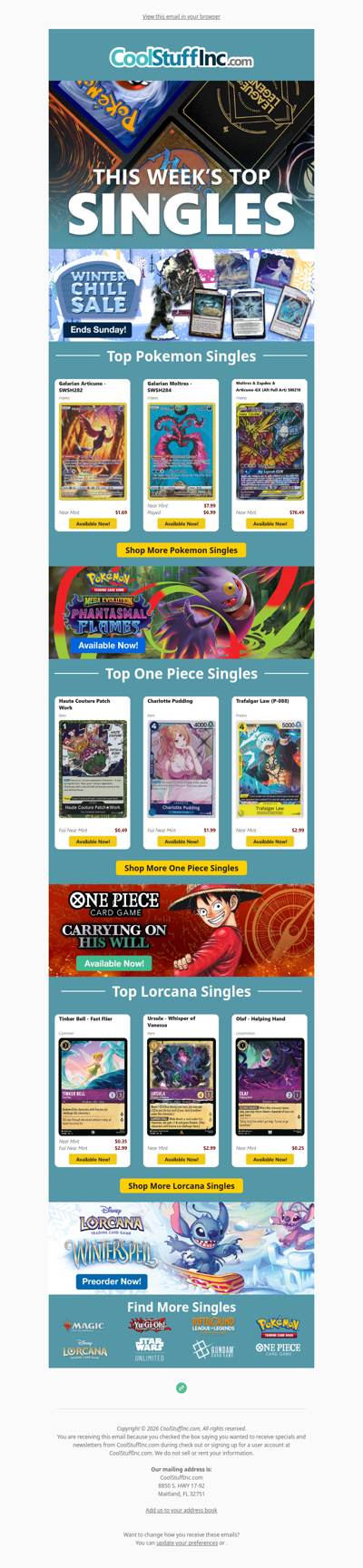 :snowflake: Winter Chill Sale + Top Pokémon, One Piece & Lorcana Singles