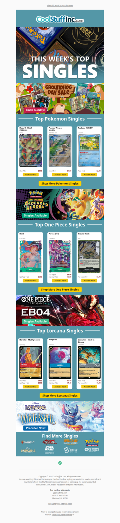 Groundhog Day Sale + Top Pokémon, One Piece & Lorcana Cards and more!