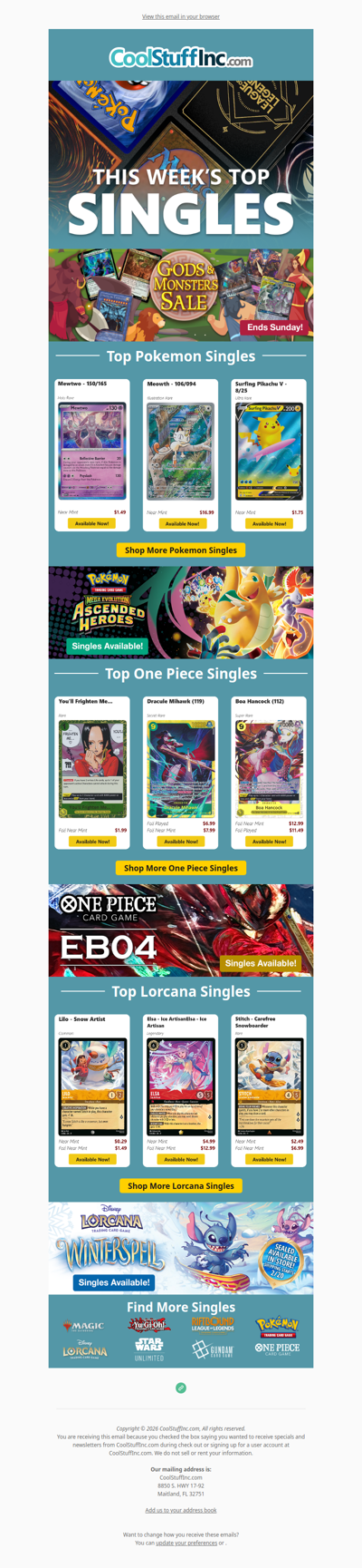 Gods & Monsters Sale! ✨ Top Pokémon, One Piece & Lorcana cards