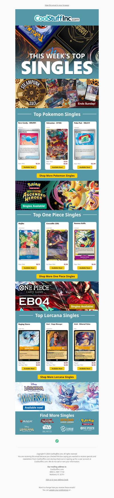 Don't miss the Steampunk Sale! + Top Pokémon, One Piece & Lorcana cards