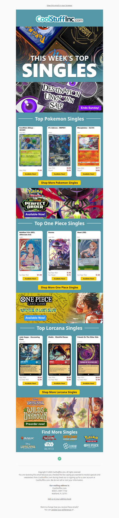 Destination Unknown Sale + Top Pokemon, One Piece TCG, & Lorcana Singles! 👁️