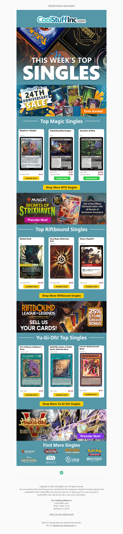 Top MTG, Yu-Gi-Oh!, Riftbound Singles & Coolstuffinc's 24th Anniversary Sale!