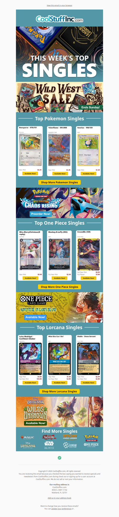 🤠 Lasso up these Top Pokemon, One Piece, & Lorcana Singles + Wild West Sale