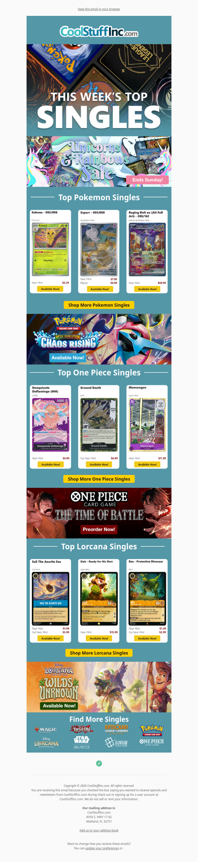 🦄 Follow the Rainbow to these Top Pokemon, One Piece, & Lorcana Singles