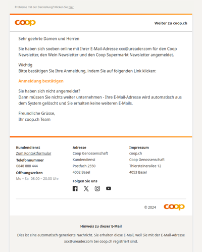 Bitte bestätigen Sie Ihr Coop Newsletter-, Wein Newsletter- und Coop Supermarkt Newsletter-Abonnement