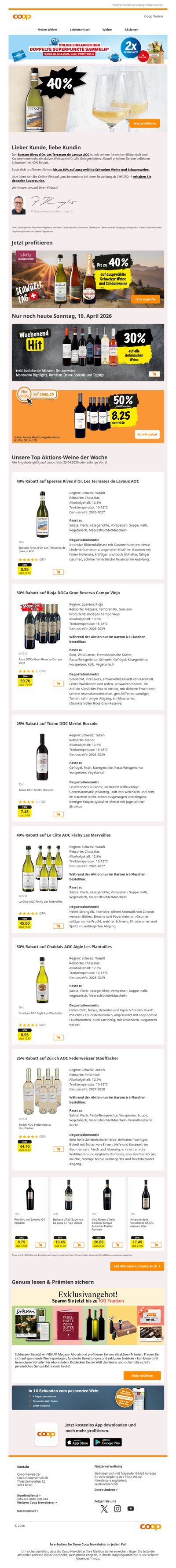 Bis zu 40% auf ausgewählte Schweizer Weine und Schaumweine