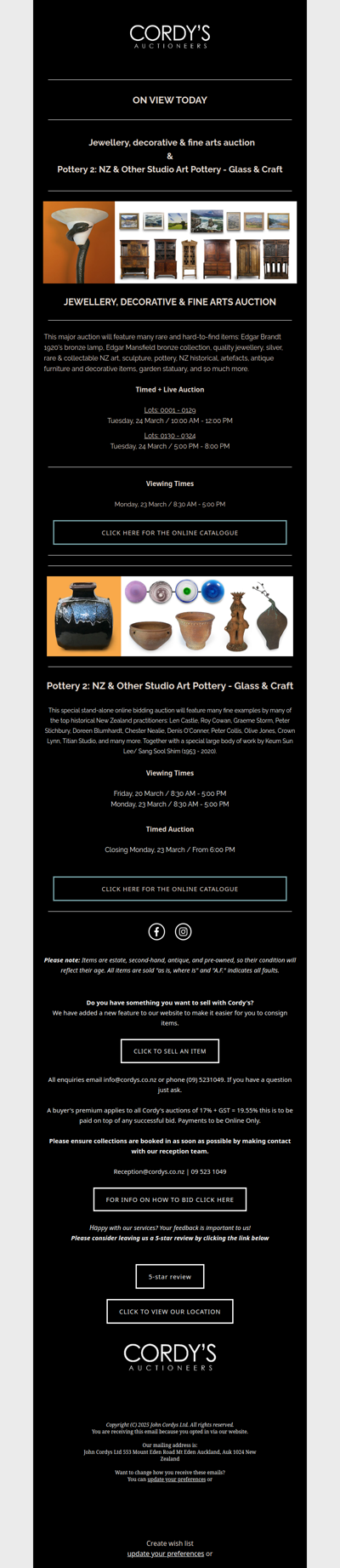 Jewellery, decorative & fine arts & NZ & other studio art pottery - glass & craft