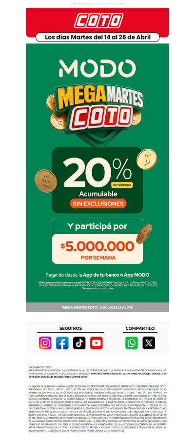 MODO Mega Martes Coto 🤑 ¡$5.000.000 por semana!