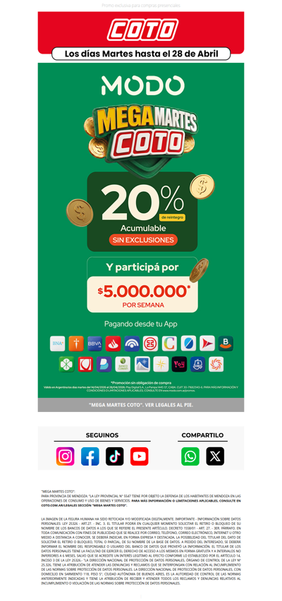20% de reintegro con MODO 🍀🤞 ¡Participá por $5.000.000 por semana!