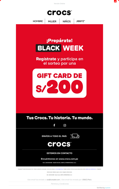 FE DE ERRATAS: 🖤 Black Week CROCS: ¡Gana una gift card de S/200! 🐊