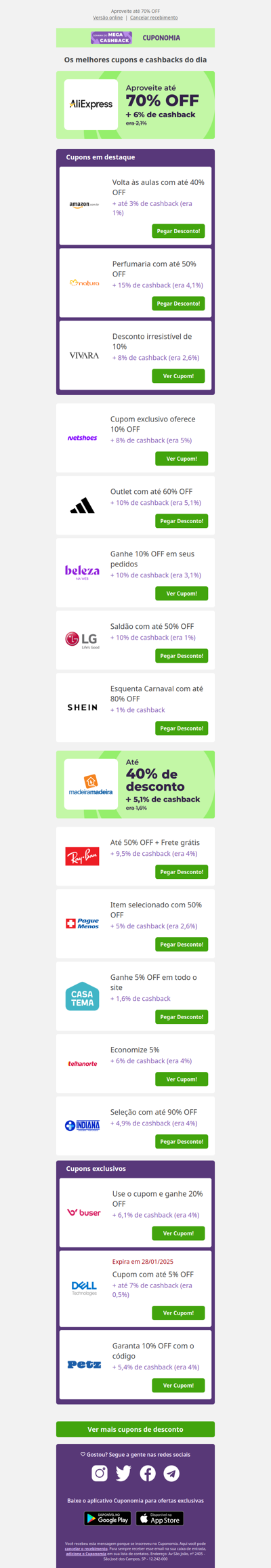 Semana do Mega Cashback: Natura até 50% OFF + 15% | AliExpress até 70% + 6%| Vivara 10% OFF + 8% 😍