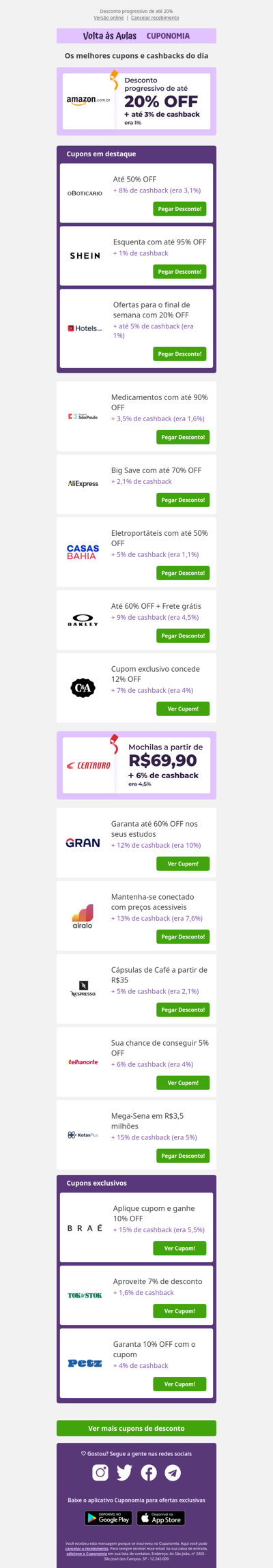 Volta às aulas: Amazon com até 20% OFF + até 3% | Centauro mochilas a partir de R$69,90 + 6% | C&A cupom exclusivo de 12% OFF + 7% 🔥