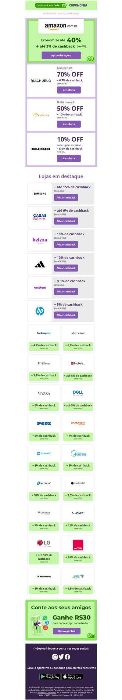 Os MAIORES cashbacks estão aqui: Casas Bahia, Natura, Dell, Amazon e muito mais 🔥