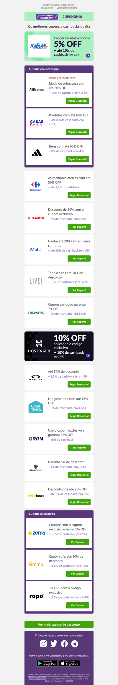 KaBuM! 5% OFF com cupom + até 10% | AliExpress com 60% OFF + 10% | Casas Bahia com até 60% OFF + até 8% 🔥