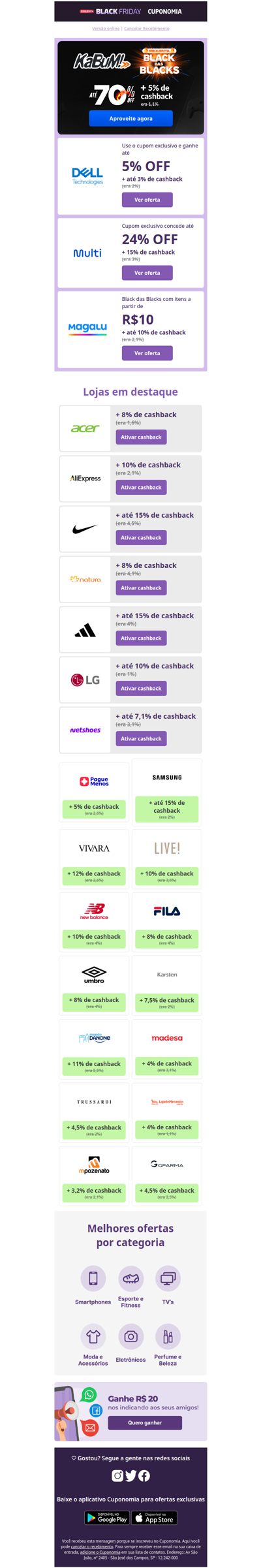 Esquenta Black Friday! Descontos de até 70% OFF e cashbacks de até 15% pra você aproveitar agora 🖤