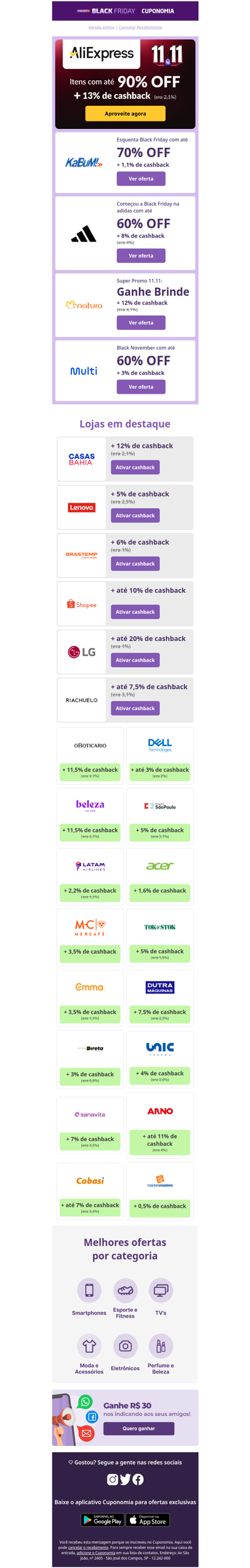 Começou o 11.11: Casas Bahia com 12% de cashback | AliExpress com 90% OFF + 13% | Shopee com até 10% 🔥