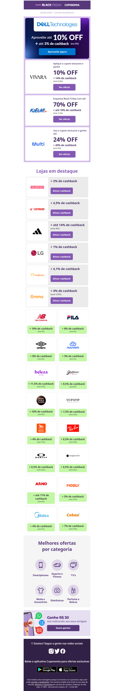 No Esquenta Black Friday você garante os melhores cashbacks: Vivara com 14%, Multi com 20% e Adidas com até 14% 🥰