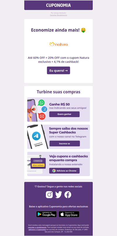 Natura com até 20% OFF + 4,1% de cashback 🔥 POR TEMPO LIMITADO