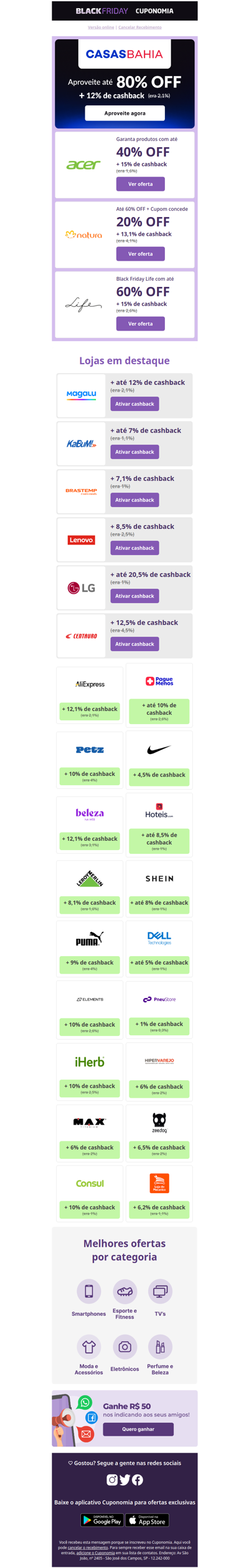 É HOJE: Casas Bahia com 12% de cashback 🔥 | Natura com 13,1% | Magalu com até 12,1% e muito mais!