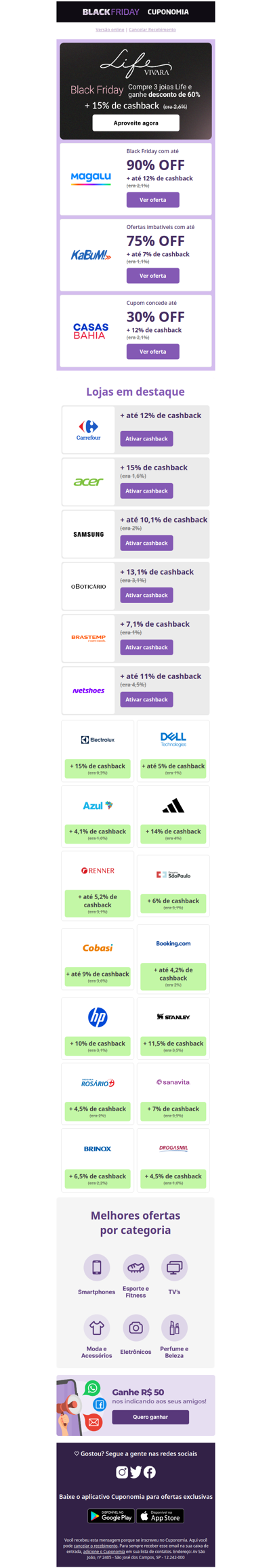 ÚLTIMAS HORAS DE BLACK ⏰ Life by Vivara com até 60% OFF + 15% | Casas Bahia com até 30% OFF + 12% | Magalu com até 90% OFF + até 12%  🖤