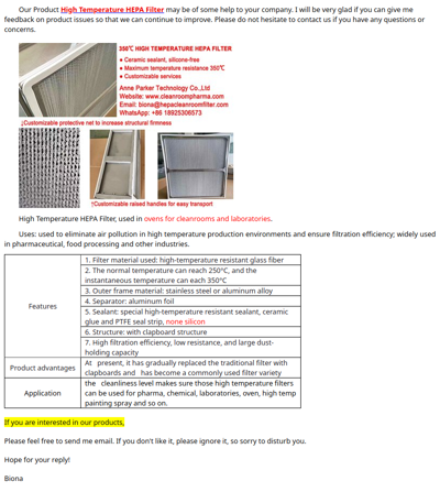 350℃ High Temperature HEPA Filter Manufacturer for Ovens
